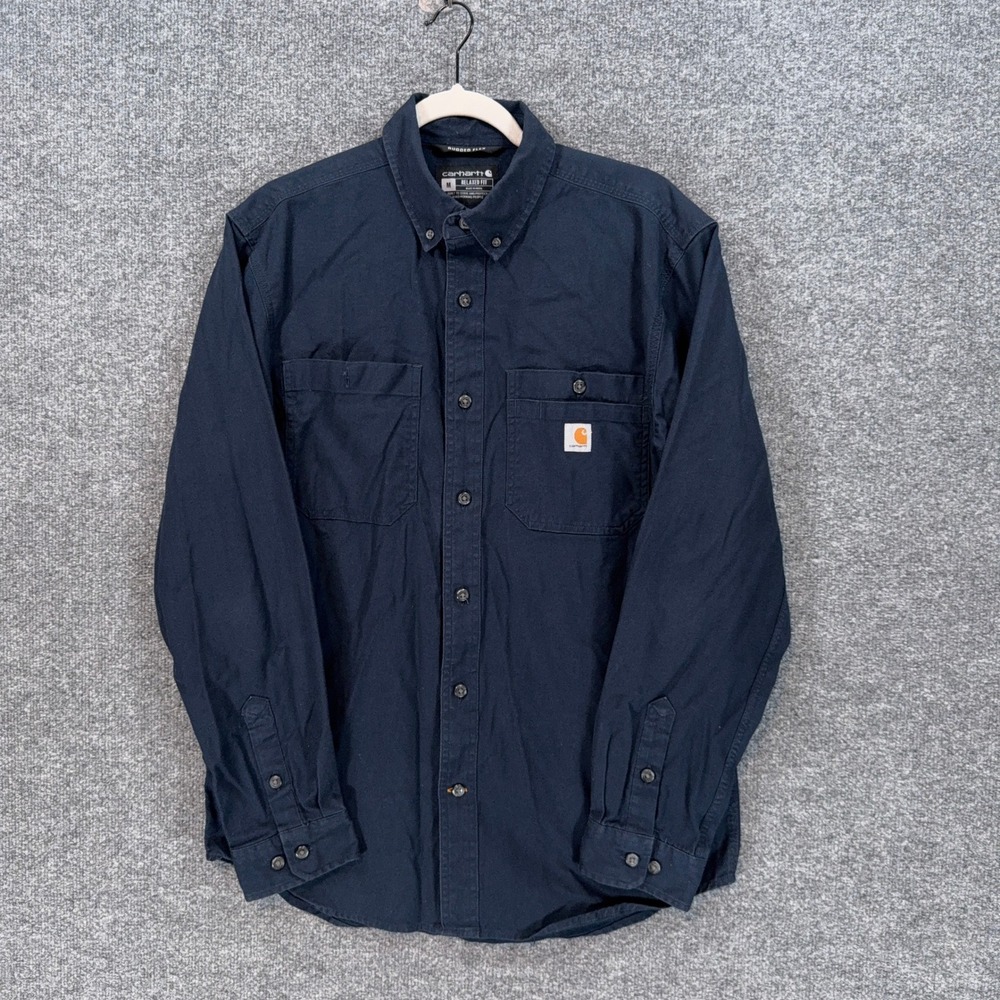 Carhartt Shirt Men Medium Blue Rugged Flex Relaxed Fit Canvas Workwear Button Up